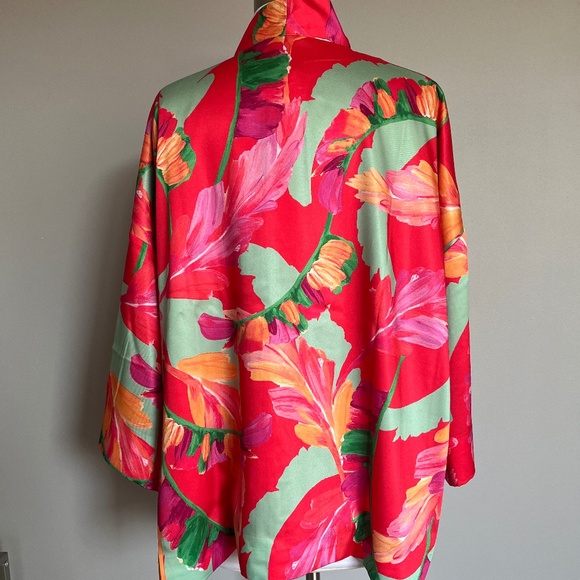 Chicos Foliage Print Short Botanic Berry Laves Ruana‎ Duster Kimono Open Jacket - Picture 4 of 7